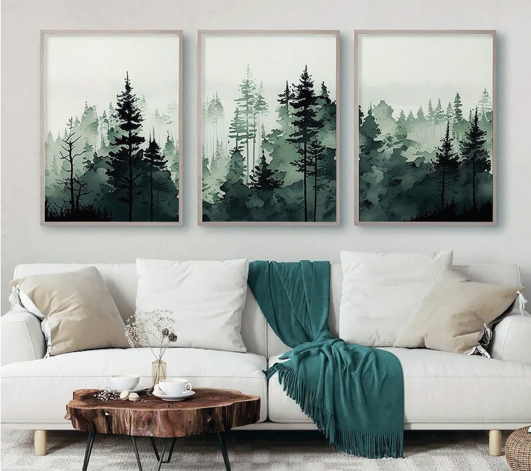 Sage Green Forest Wall Art, Abstract Mountain Print Set, 3 Piece Wall