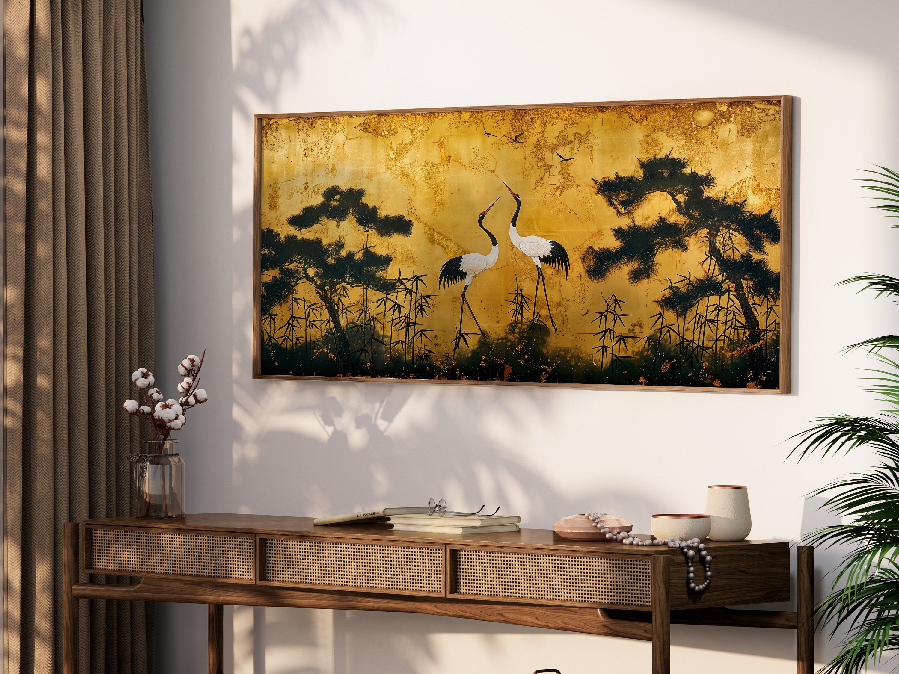 Lakelzdecor Cranes Pines and Bamboo Gold Wall Print, Ogata Korin