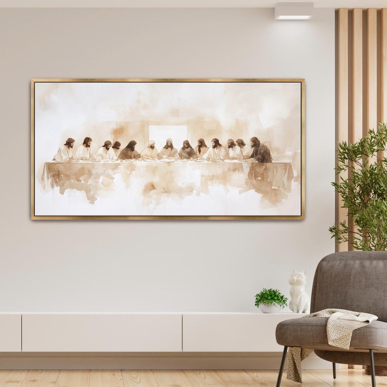 LakelzDecor The Last Supper Minimalist Beige Abstract Print, Da Vinci Shepherd Fine Art, Bible Renaissance Oil Painting, Christian Faith 99