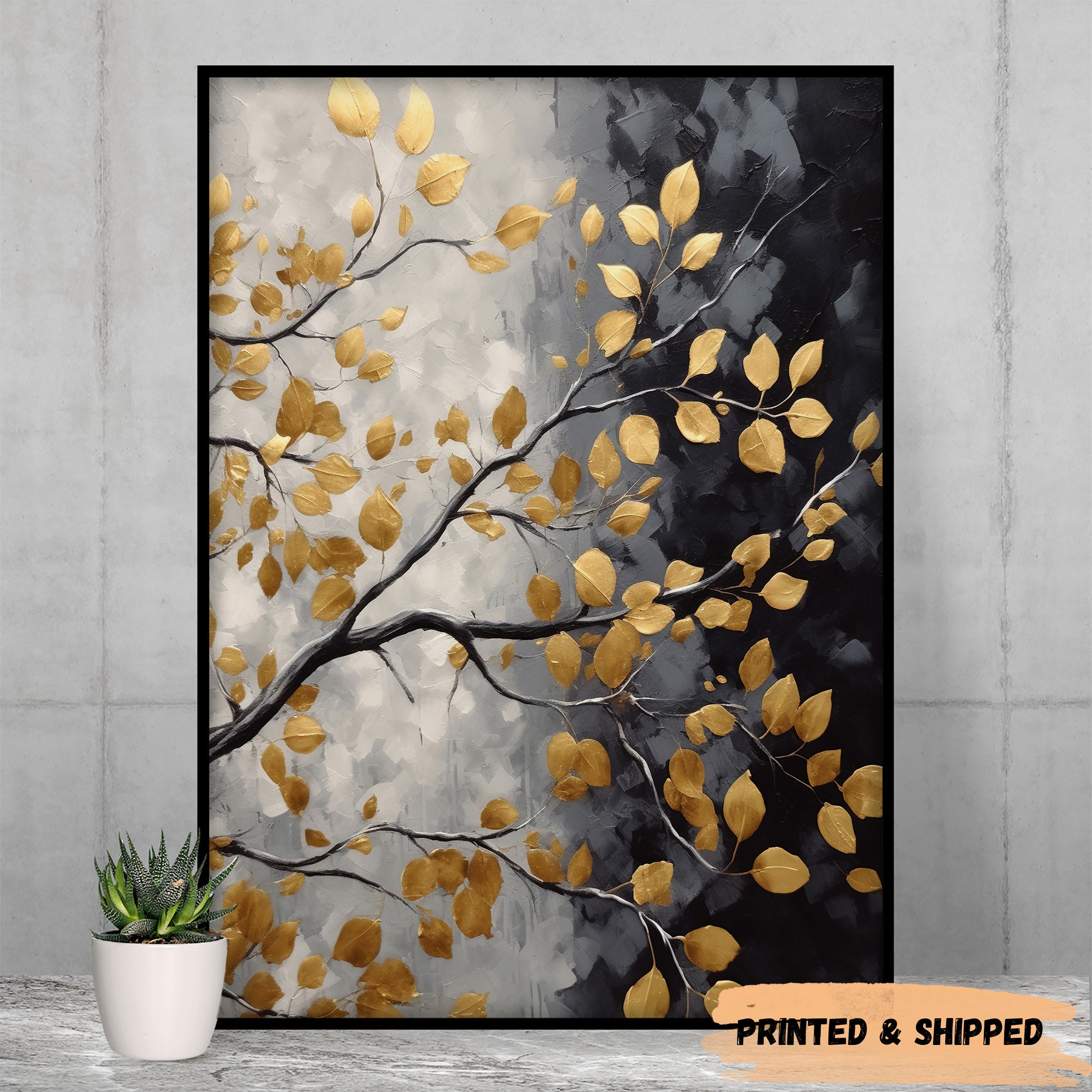 Black and Gold Leaves Oil Painting, Set of 3, Gold Abstract Wall Art ...
