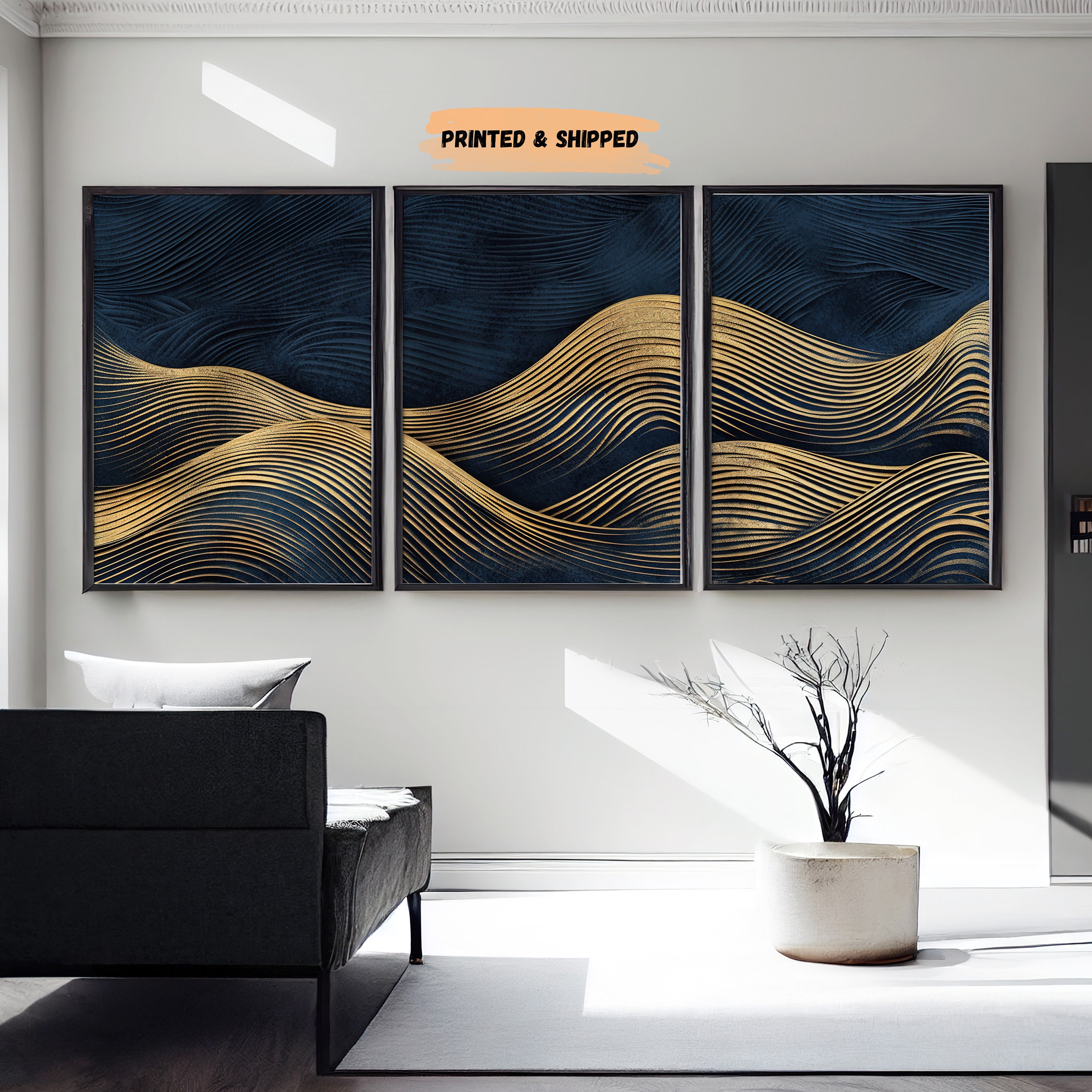 Navy Blue and Gold Minimalist Wall Art Ocean Wave Set of 3 Etsy