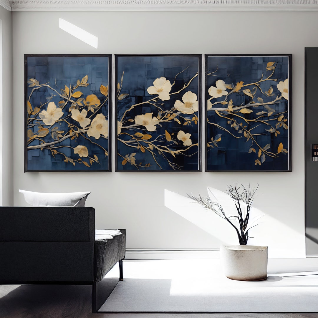Lakelzdecor Blue & Gold Flower Abstract Wall Art, Set of 3, Navy and ...