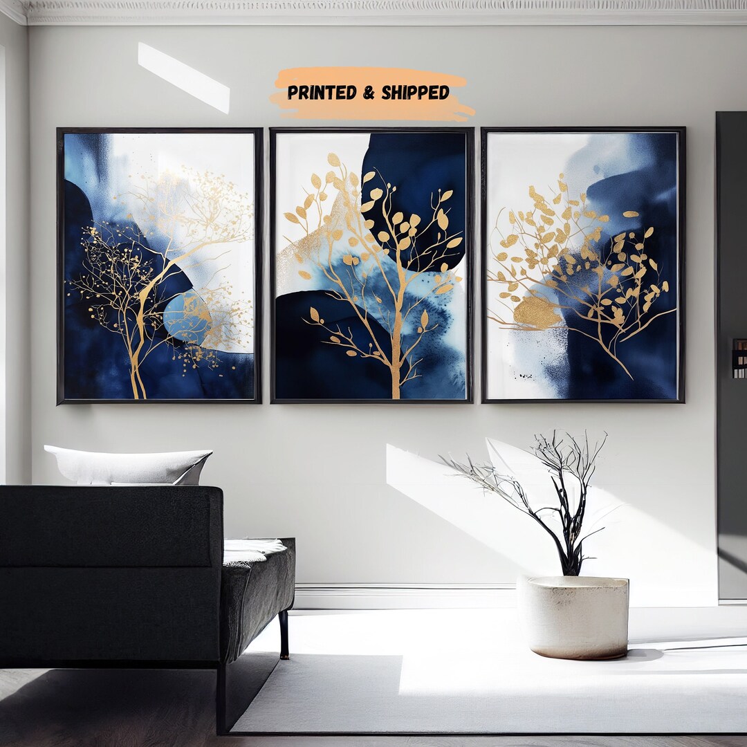 Navy Blue and Gold Abstract Wall Art, Set of 3, Bedroom Wall Art, Gold ...