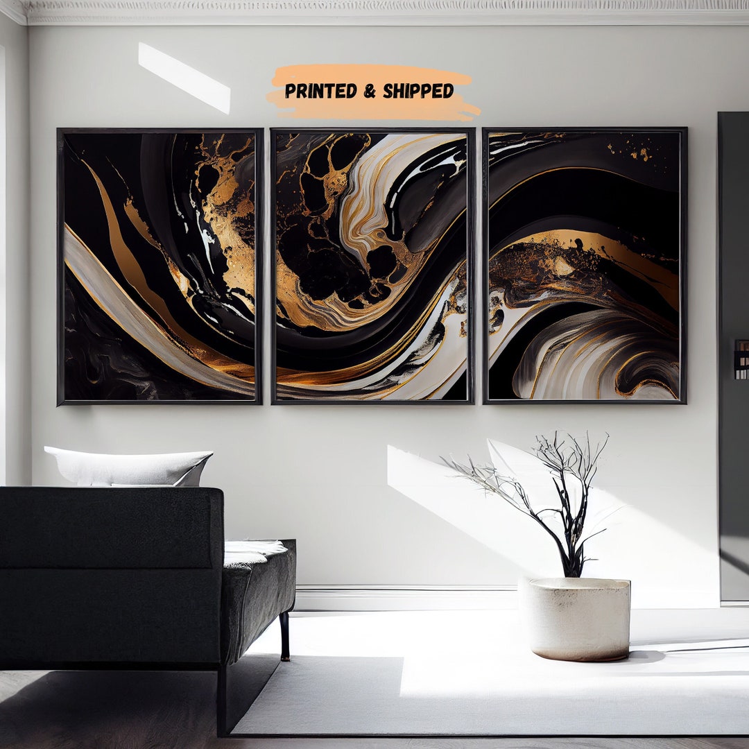 3 Piece Black, White & Gold Wall Prints, Marble Wall Print, Black ...