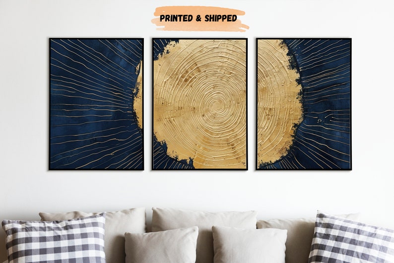 Navy Blue and Gold Tree Ring Wall Art Set of 3 Navy and Gold Etsy