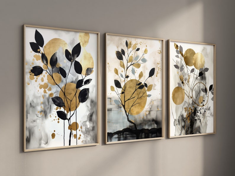 Black & Gold Botanical Abstract Wall Art, Set of 3, Gold Shapes Watercolor art, Printable Wall Art, Modern Hallway Print, Living Room Decor image 1