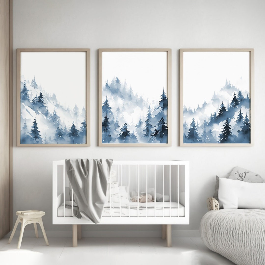 Lakelzdecor Blue Mountain Nursery Decor Set of 3 Nursery Etsy