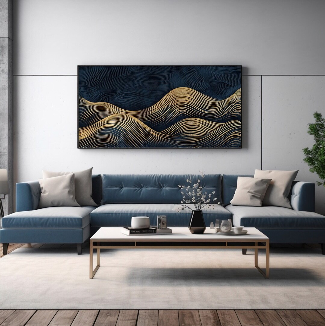 Panoramic Gold Ocean Waves Abstract Wall Art, Minimalist Modern Art ...