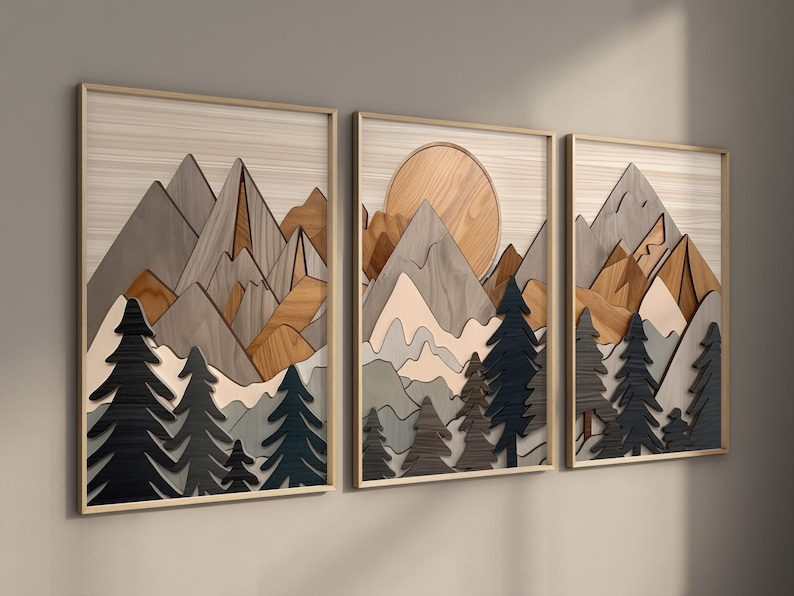 Wooden Mountain Range Wall Art Set of 3 Wood Panels Wood Etsy