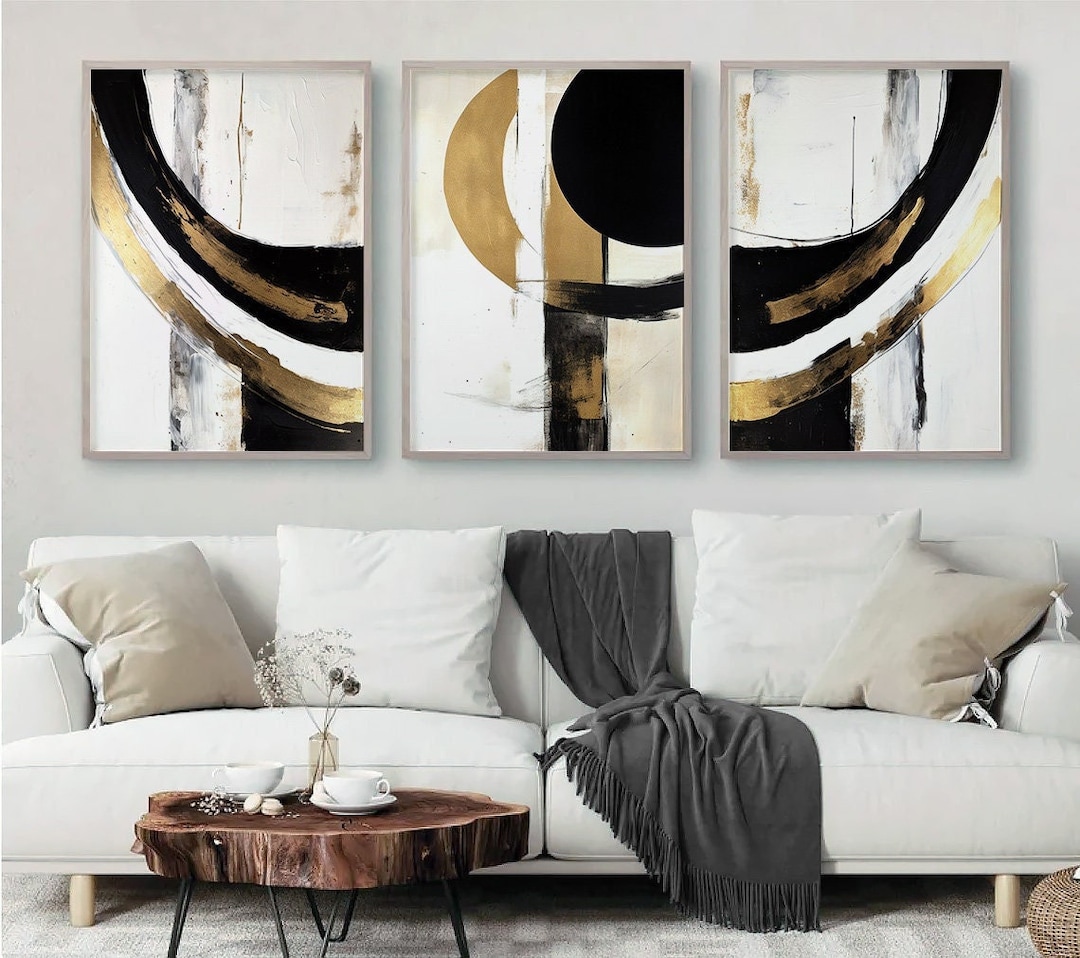 Neutral Wall Art, Black, White & Gold, Modern Wall Prints, Set of 3