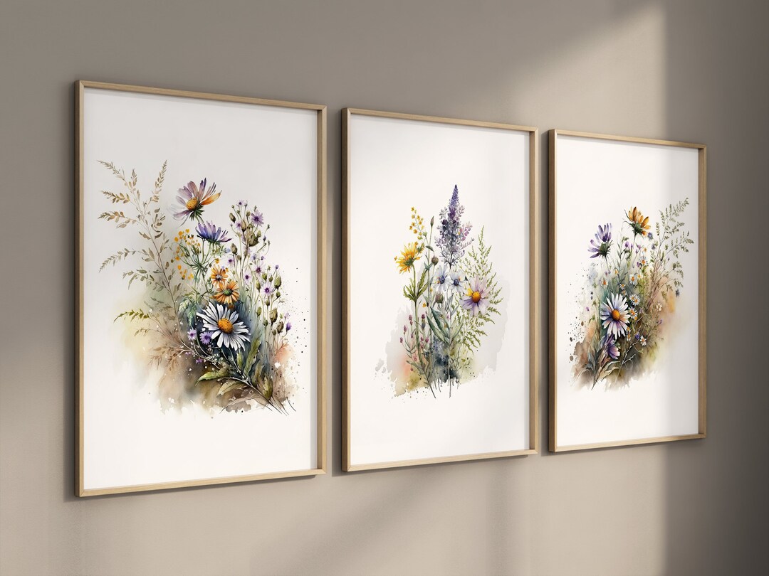 Flower Printable Art, Set of 3, Watercolor Wildflowers, Farmhouse Decor ...