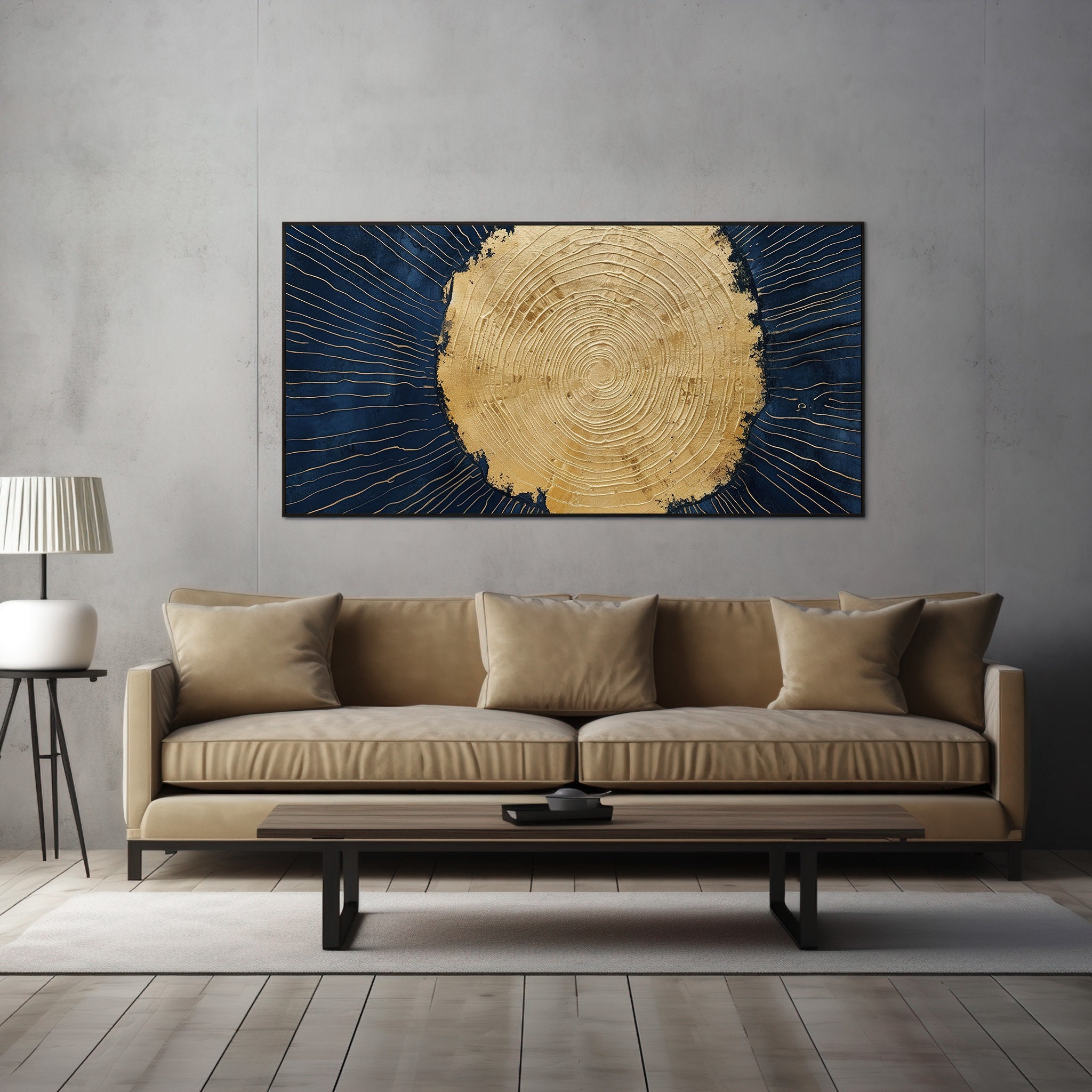 Panoramic Blue and Gold Abstract Wall Art, Modern Wood Tree Rings ...