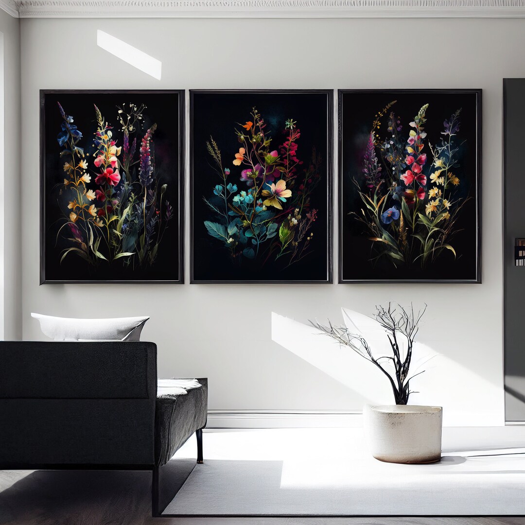 Wildflower Wall Art Printable, Set of 3, Dark Background Floral Prints ...