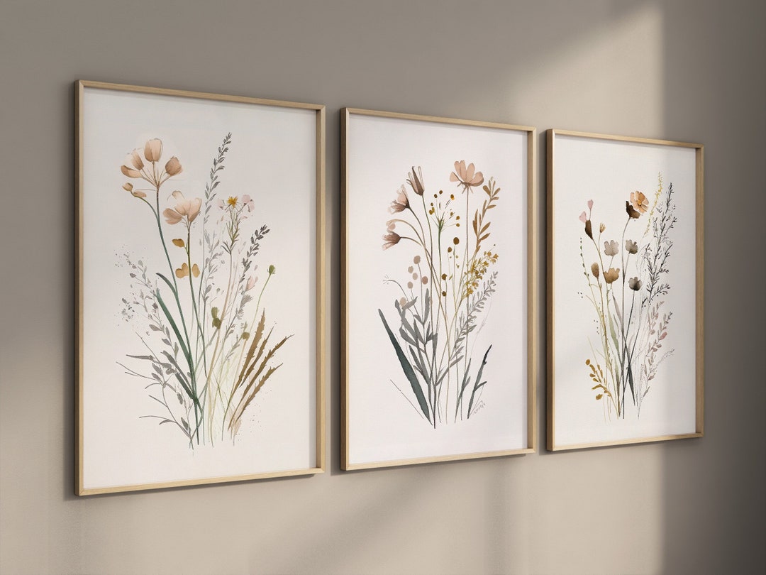 Boho Wildflower Wall Art Printable, Set of 3, Neutral Floral Prints ...