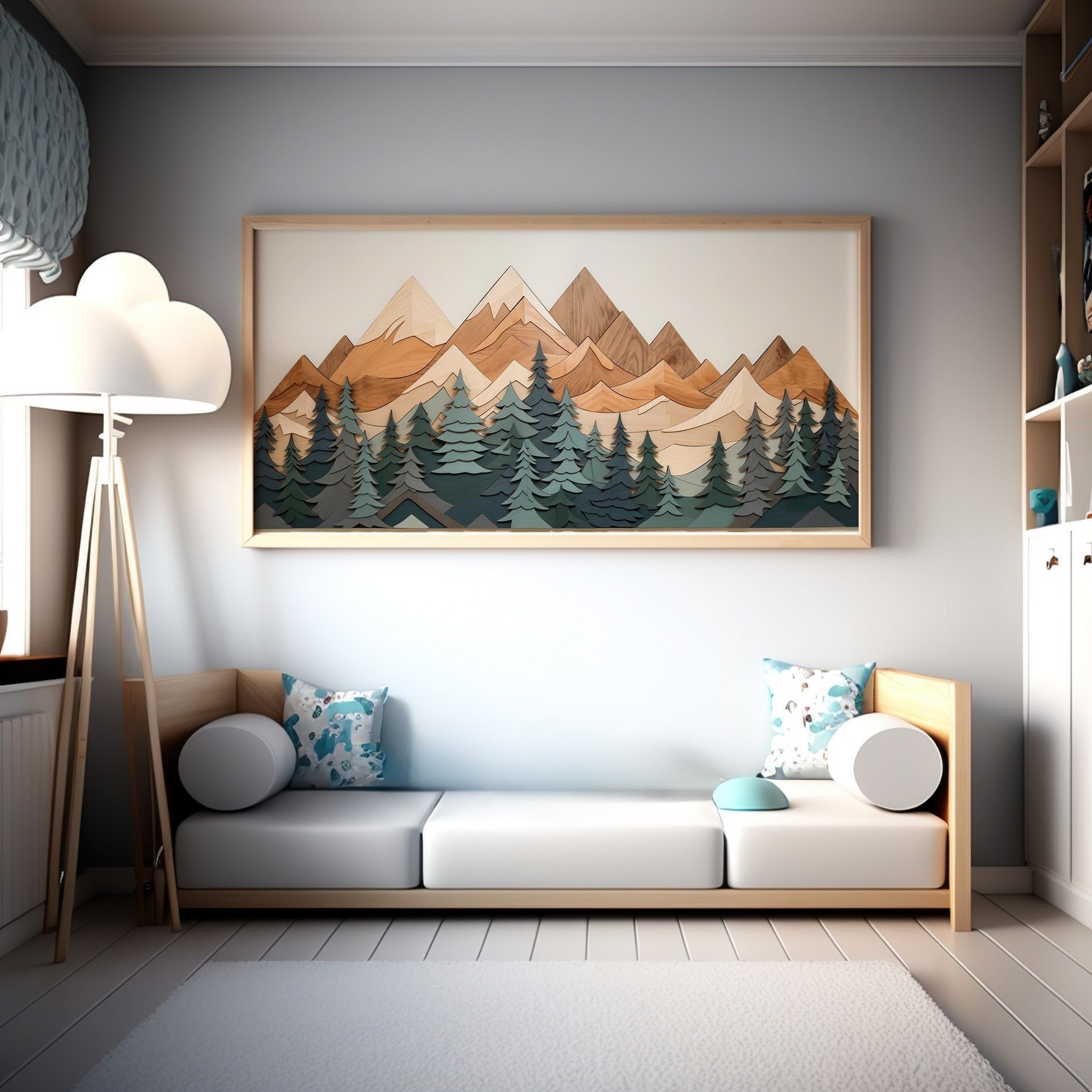 LakelzDecor Mountain Wood Inspired Wall Art, Cabin art, Framed Nursery art, Large Horizontal Canvas, Wooden Panel Effect Art, Green & Brown