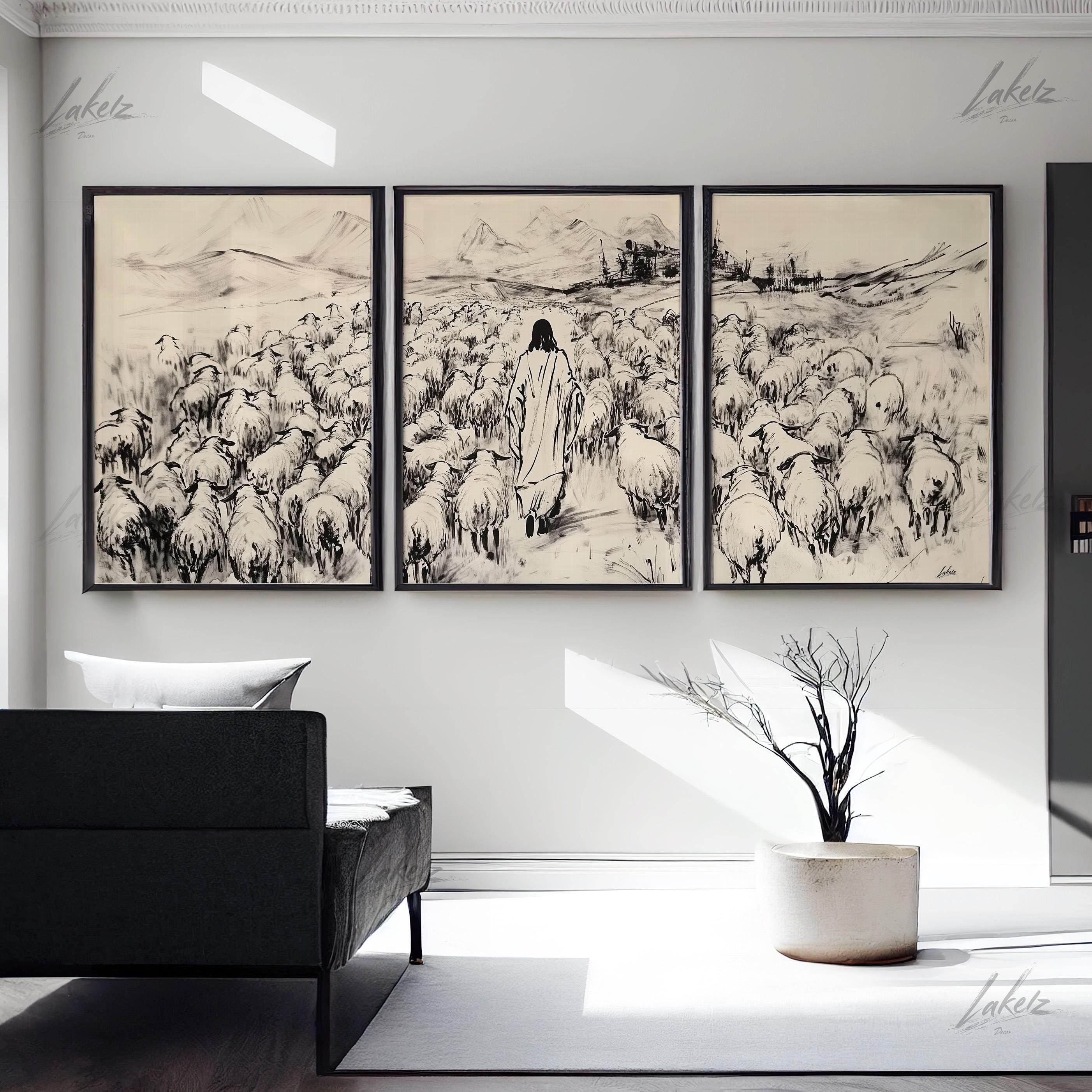 LakelzDecor Mid Century Jesus and the Sheeps Set of 3, Parable LDS Decor, Bible Ink Art, Christian Faith God Lord, Heart of the Shepherd