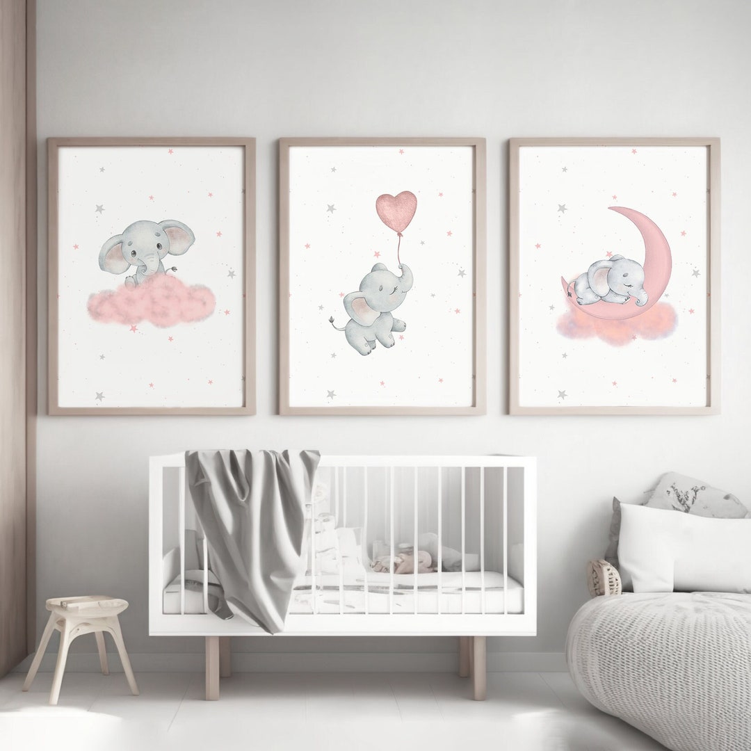 Nursery Decor Girl Pink, Nursery Decor Girl, Set of 3, Elephant Nursery ...