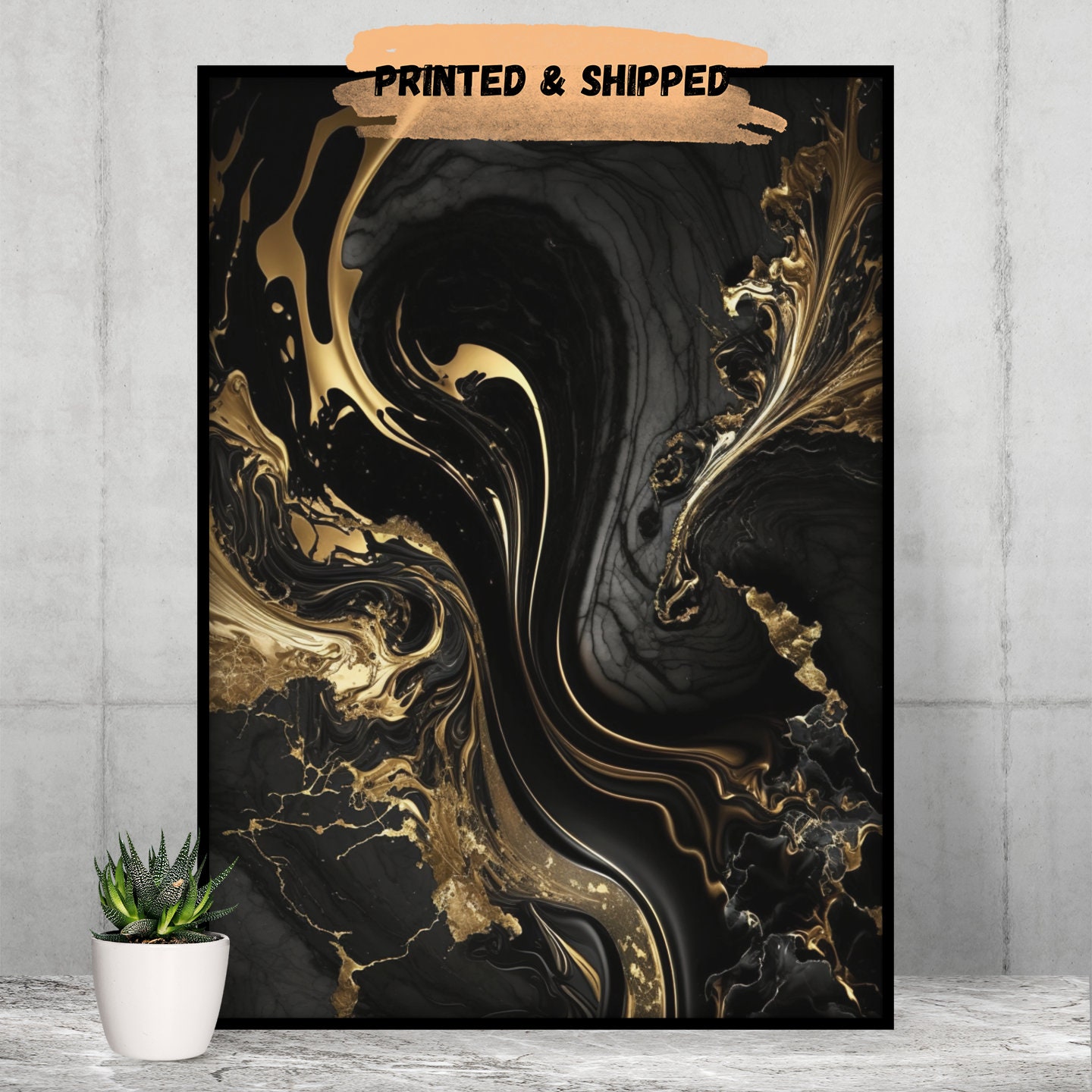 Black & Gold Wall Prints Marble Wall Printed Art Set of 3 Black Bedroom ...