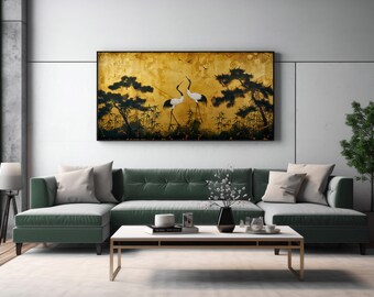Lakelzdecor Cranes Pines and Bamboo Gold Wall Print, Ogata Lakelzdecor Cranes Pines and Bamboo Gold Wall Print, Ogata