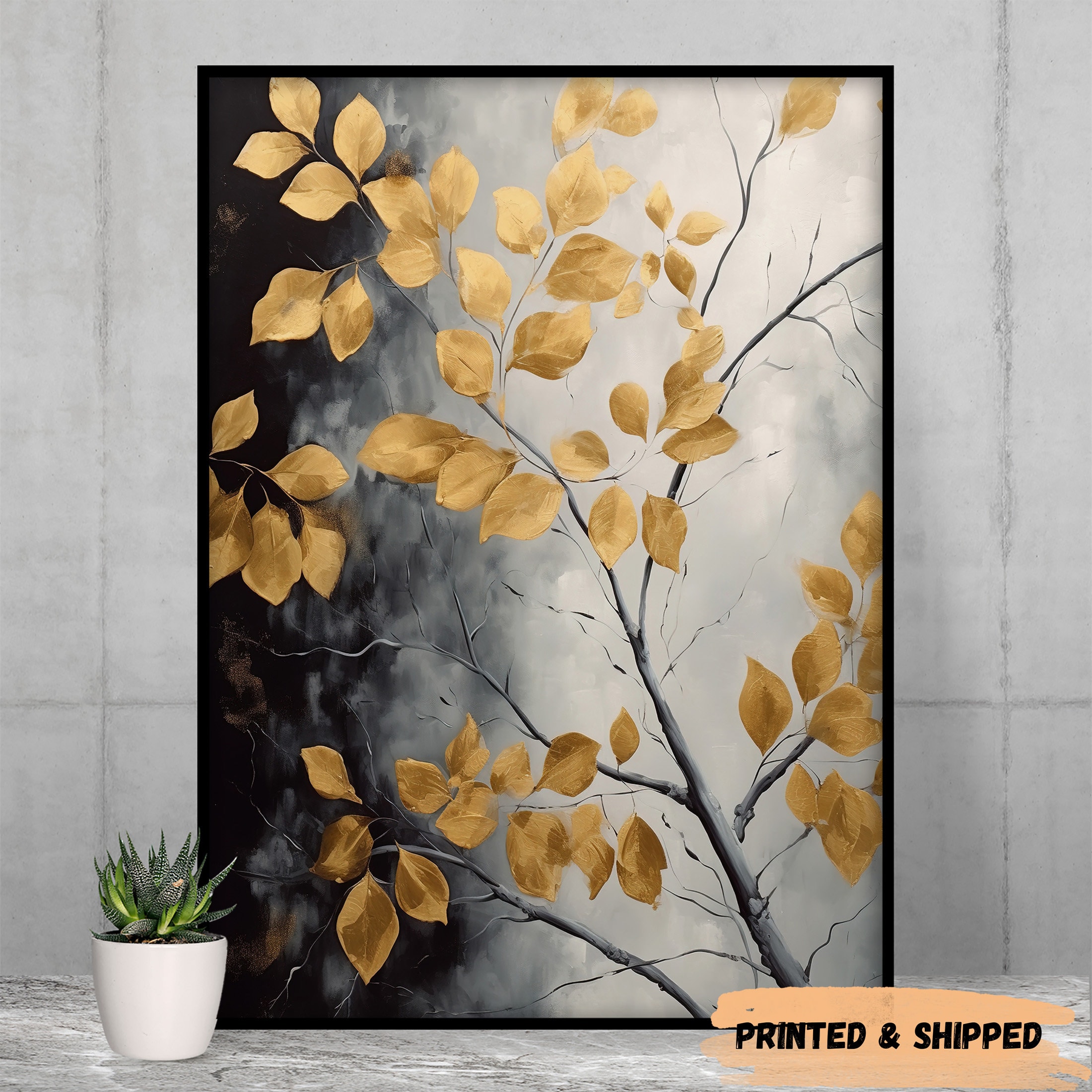 Black and Gold Leaves Oil Painting, Set of 3, Gold Abstract Wall Art ...