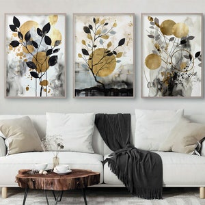 Black & Gold Botanical Abstract Wall Art, Set of 3, Gold Shapes Watercolor art, Printable Wall Art, Modern Hallway Print, Living Room Decor image 3