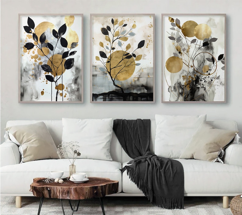 Black & Gold Botanical Abstract Wall Art, Set of 3, Gold Shapes Watercolor art, Printable Wall Art, Modern Hallway Print, Living Room Decor image 3