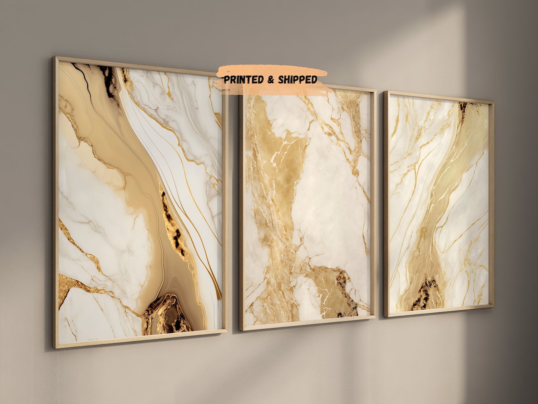 Beige & Gold Wall Prints Marble Wall Printed Art Set of 3 Beige Bedroom