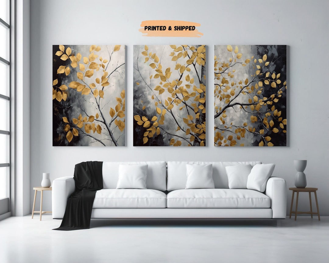 Black and Gold Leaves Oil Painting, Set of 3, Gold Abstract Wall Art ...