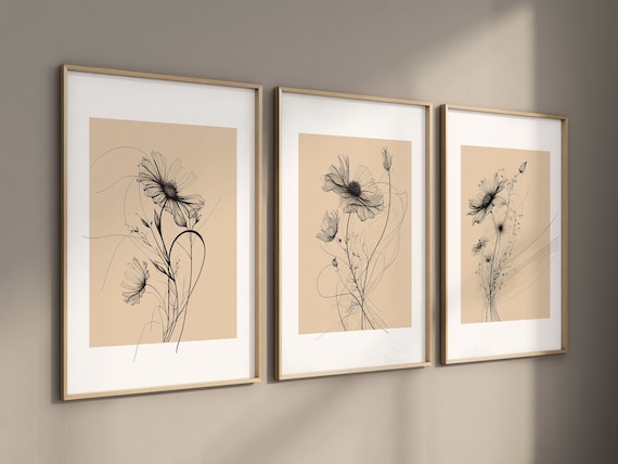Neutral Wall Printable Art, Set of 3, Wildflower Wall Prints, Plant Wall Art, Botanical Line Art, Beige Home Decor, Hand Drawn Plants, Boho