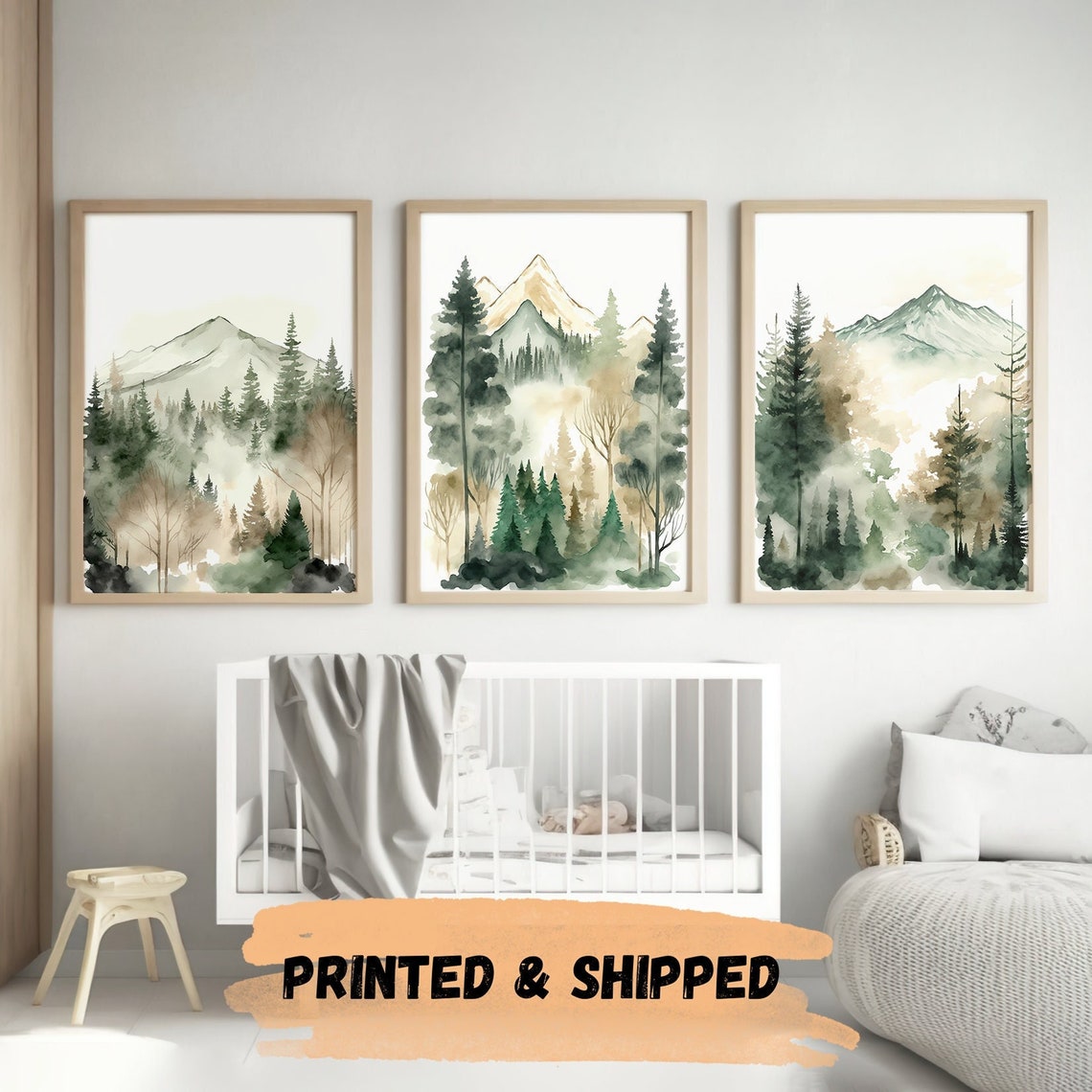Forest Nursery Decor Art Prints, Set of 3, Mountain Nursery Wall Art ...