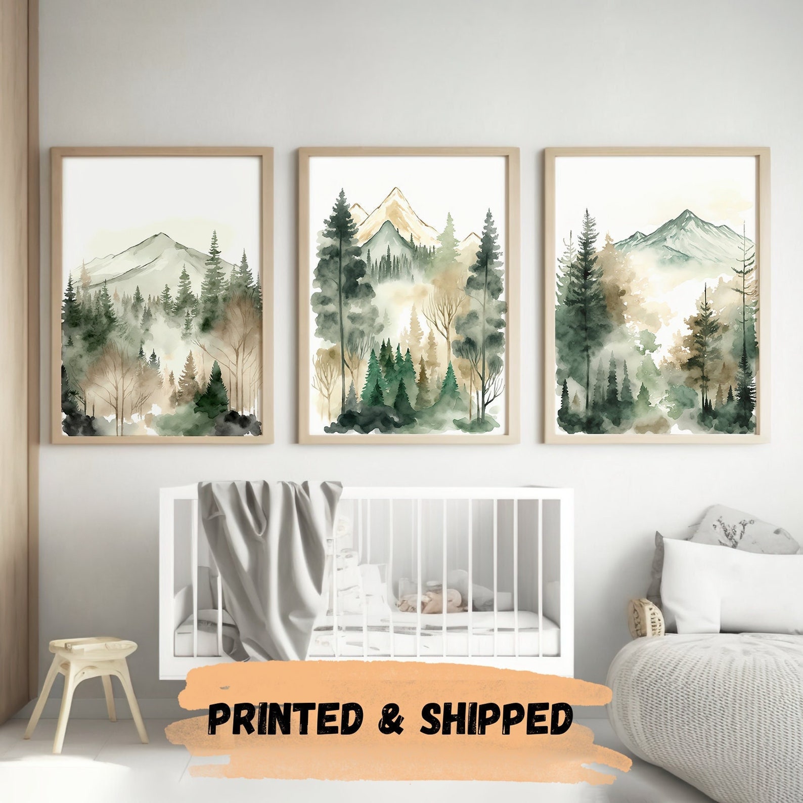 Forest Nursery Decor Art Prints, Set of 3, Mountain Nursery Wall Art ...
