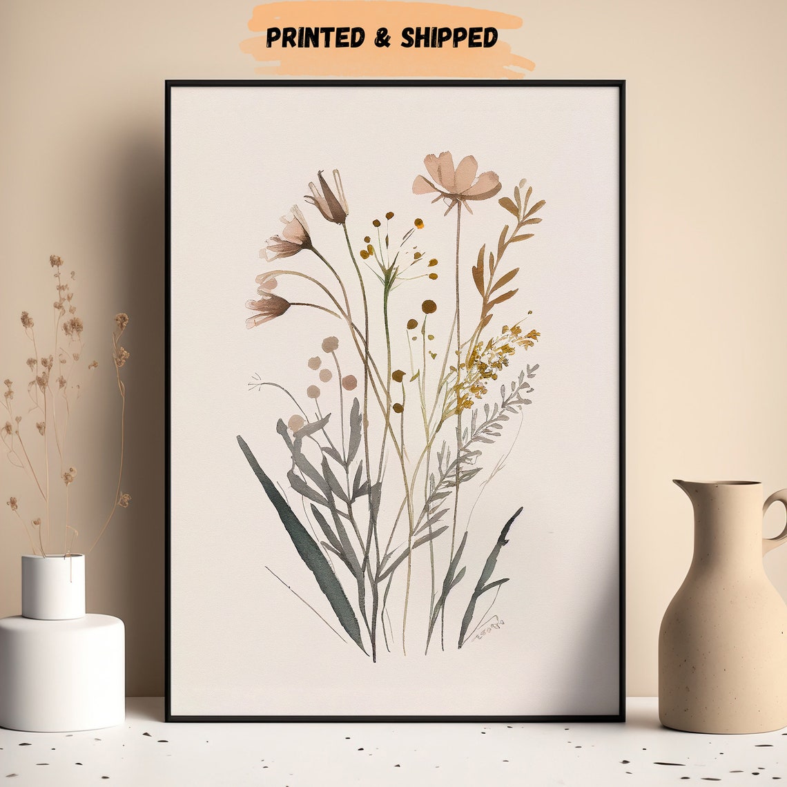 Boho Wildflower Wall Prints, Set of 3, Neutral Floral Prints, Beige ...