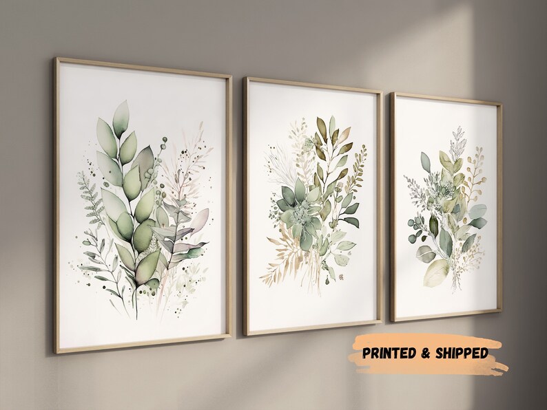 Sage Green Watercolor Botanical Prints Set of 3 Beige Wild - Etsy