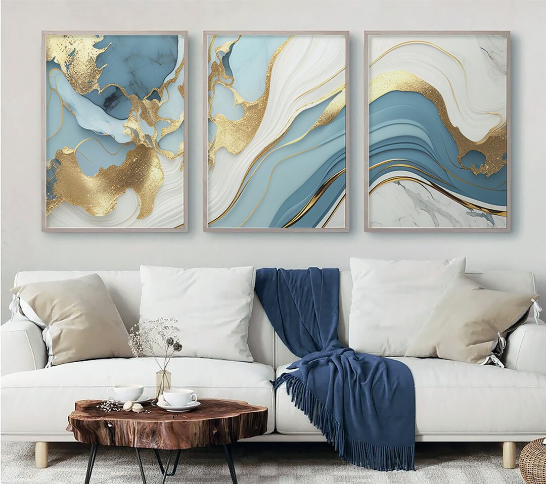 Set of 3 Blue, White and Gold Marble Wall Art, Bedroom Wall Art, Gold