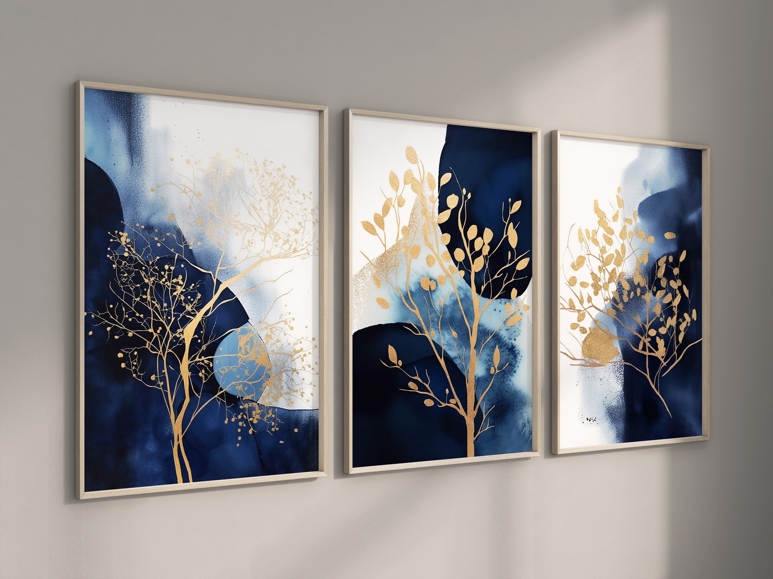 Navy Blue Abstract Wall Art, Set of 3, Navy and Gold Watercolor Shapes ...