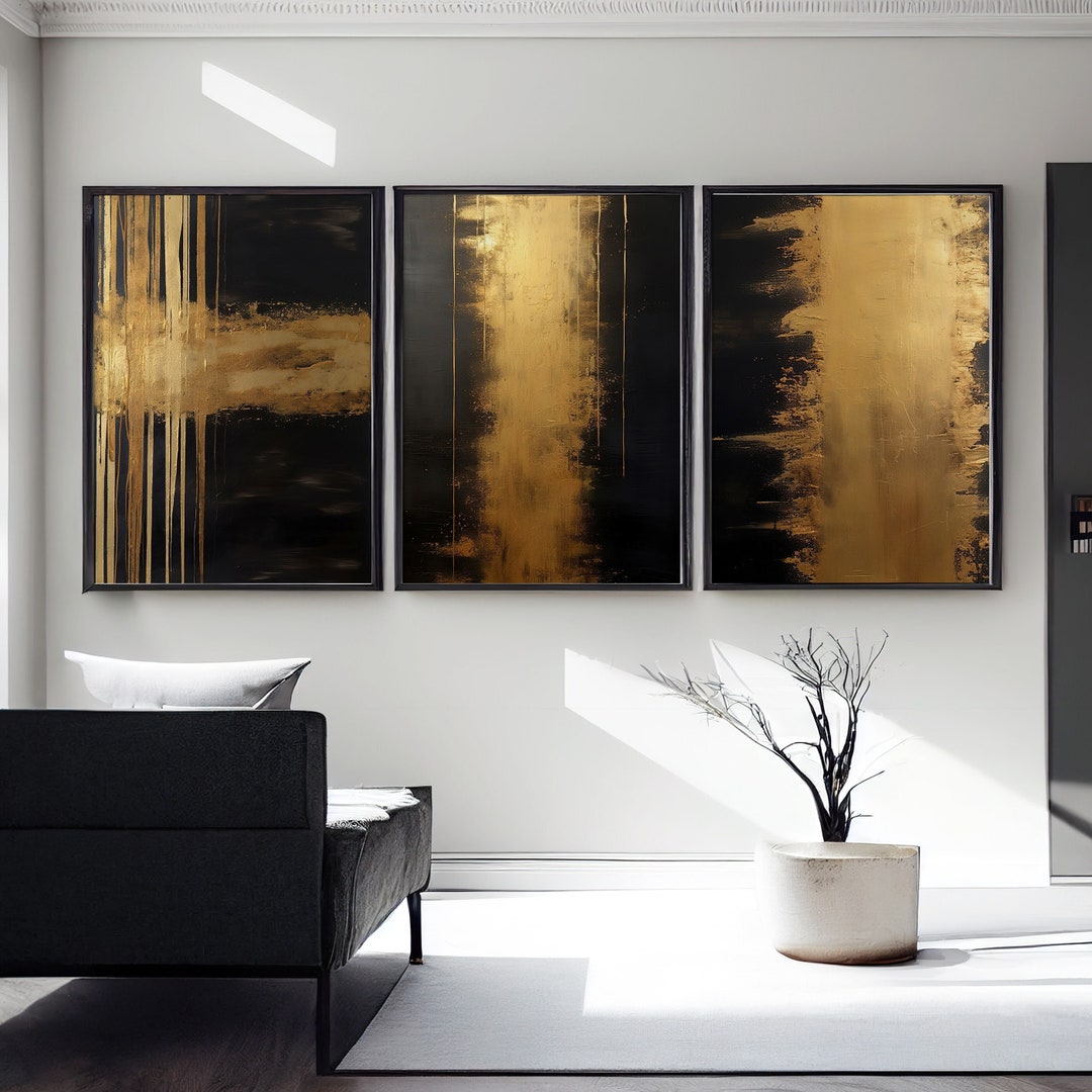 Lakelzdecor Gold Abstract Oil Painting, Set of 3, Dark Background, Black Wall Art, Black and ...