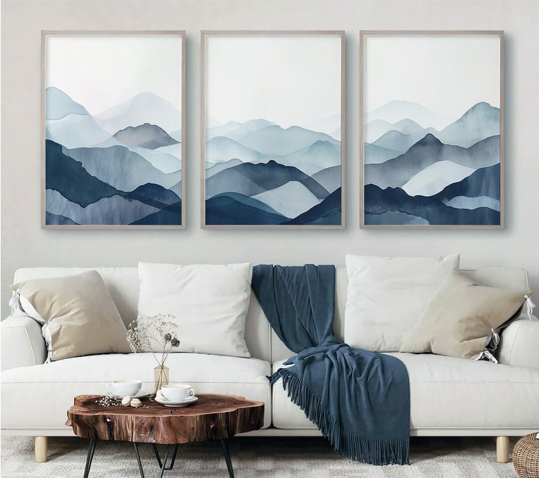 Navy Blue Mountain Wall Art, Set of 3 Printable Wall Art, Ombre