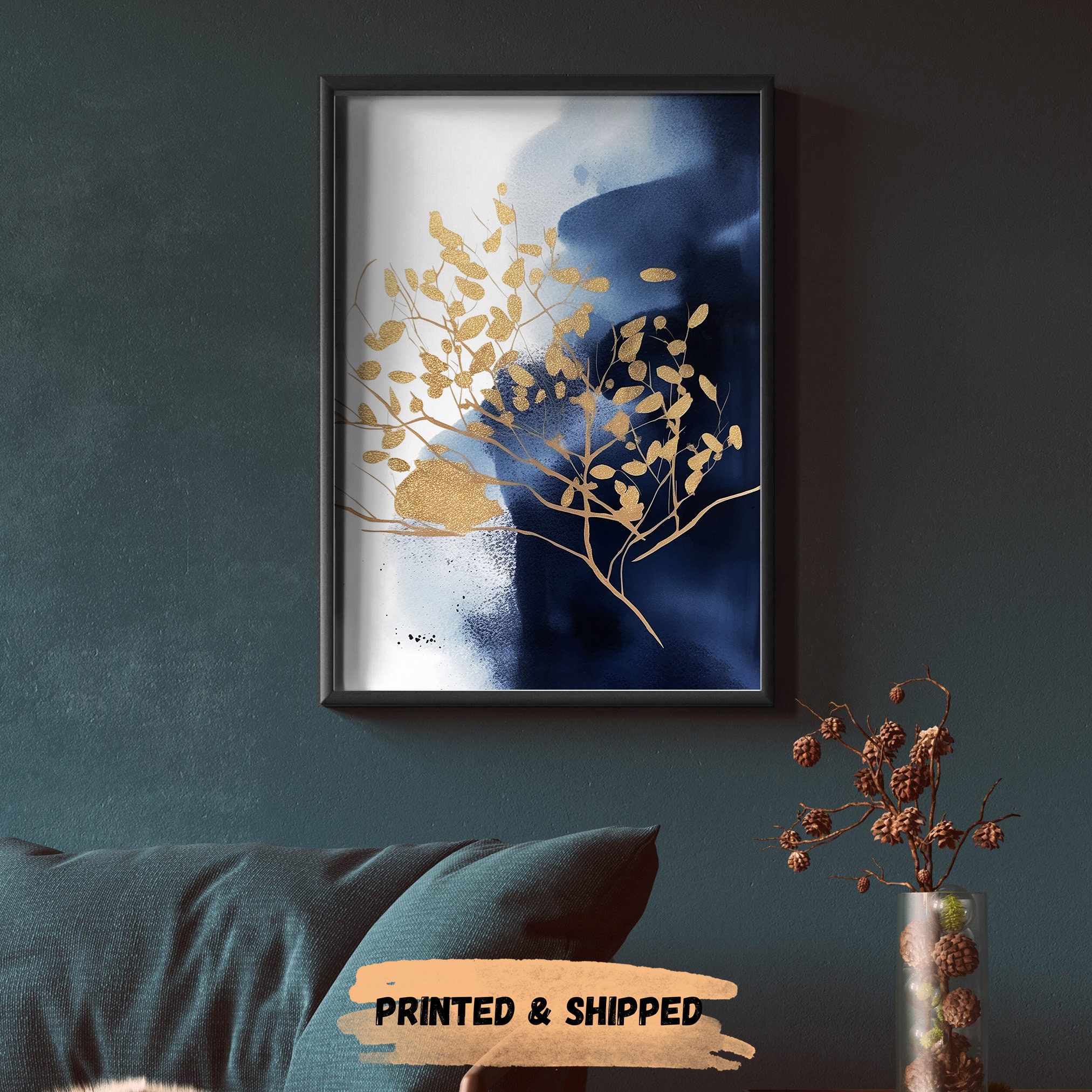 Navy Blue and Gold Abstract Wall Art Set of 3 Bedroom Wall Etsy