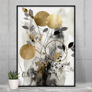 Black & Gold Botanical Abstract Wall Art, Set of 3, Gold Shapes Watercolor art, Printable Wall Art, Modern Hallway Print, Living Room Decor image 7