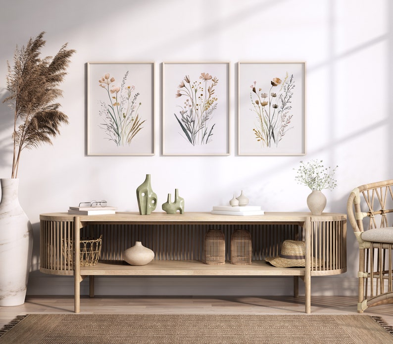 Boho Wildflower Wall Art Printable, Set of 3, Neutral Floral Prints ...