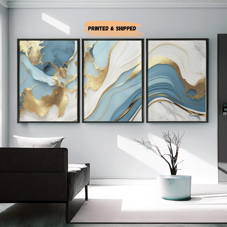 Blue White and Gold Marble Wall Art Set of 3 Bedroom Wall Etsy