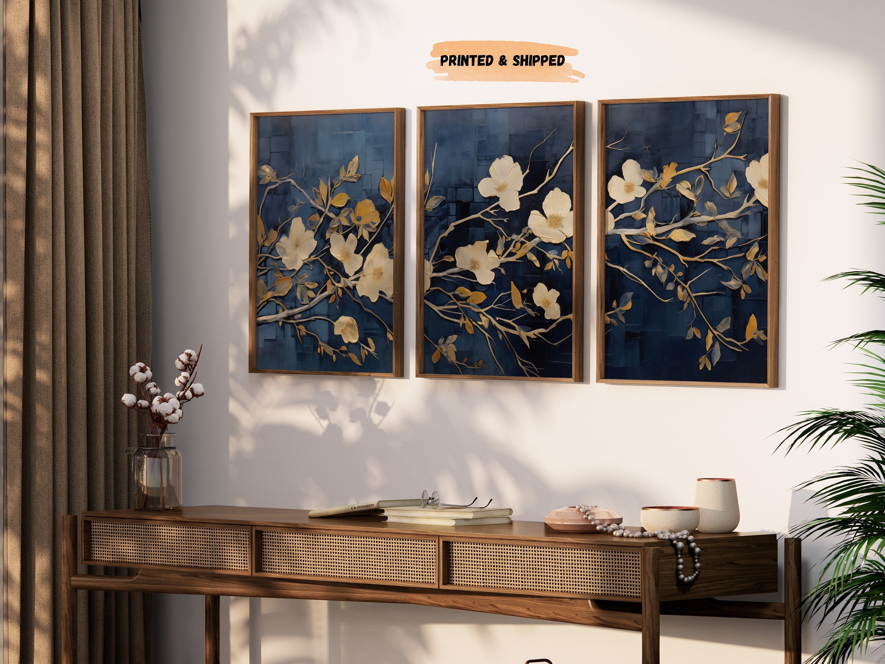 LakelzDecor ネイビー&ゴールド 植物抽象画 3 枚セット 花抽象画