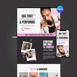 Op de afbeelding: Een laptop en smartphone tonen een website-ontwerp met de tekst "UGC THAT looks premium & PERFORMS". De website bevat afbeeldingen, tekst en een kleurenschema van zwart, wit en roze. Het thema van de website is beauty en skincare.