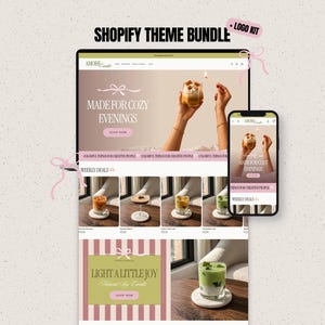 May include: A Shopify theme bundle and logo kit displayed on a laptop screen and a smartphone. The website features a soft pink and olive green color palette, showcasing product photography of candles and beverages with the text Made for Cozy Evenings.
