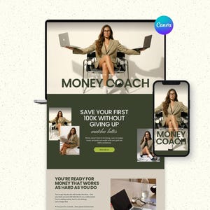 May include: A digital marketing layout for a money coach, featuring a woman in a blazer holding two laptops. The design includes the text "MONEY COACH" and "SAVE YOUR FIRST 100K WITHOUT GIVING UP matcha lattes."