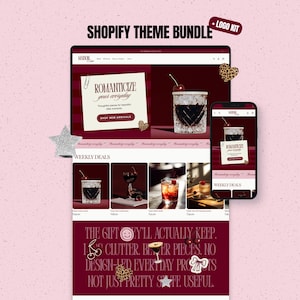 May include: A Shopify theme bundle and logo kit display featuring a website layout with a deep burgundy color scheme. The design includes product images of glassware, cherries, and text overlays reading Romanticize your everyday and The gift they'll actually keep.