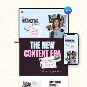 Può includere: Un laptop e uno smartphone mostrano un design di sito web con il testo "Your Marketing Girlie" e "The New Content Era." Il design include immagini, testo e un logo Canva. La combinazione di colori è principalmente azzurro, rosa e nero.