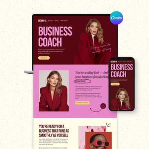 May include: A laptop and smartphone display a website design for a business coach. The website features a woman in a red blazer, with text that reads "BUSINESS COACH" and "You're scaling fast - but your business foundation cracked."