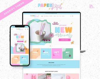Colorful Shopify Theme Template for Digital Products, Kid's shop, Clothing in Cute Bright Design with Editable Canva Templates and Tutorial
