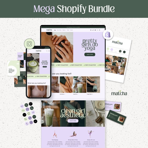 Yoga Shopify Mega Bundle with Website Template Branding Kit, Yoga Shop Editable Shopify Theme, Wellness Spa Massage Shopify Theme Templates